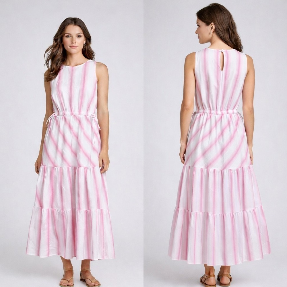 Anna Cate Pink Stripe Bran Midi Tiered Sleeveless Dress Waist Ties‎ Sz S Cotton